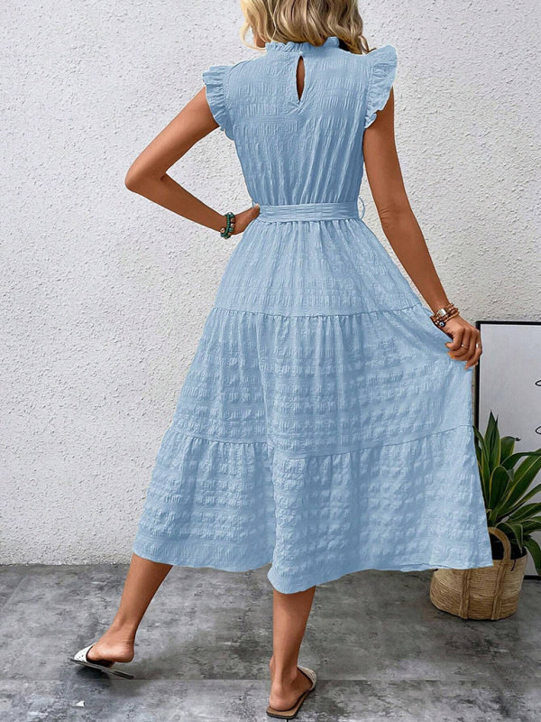 Ruffled Flying Sleeve Lace-up Textured Dress