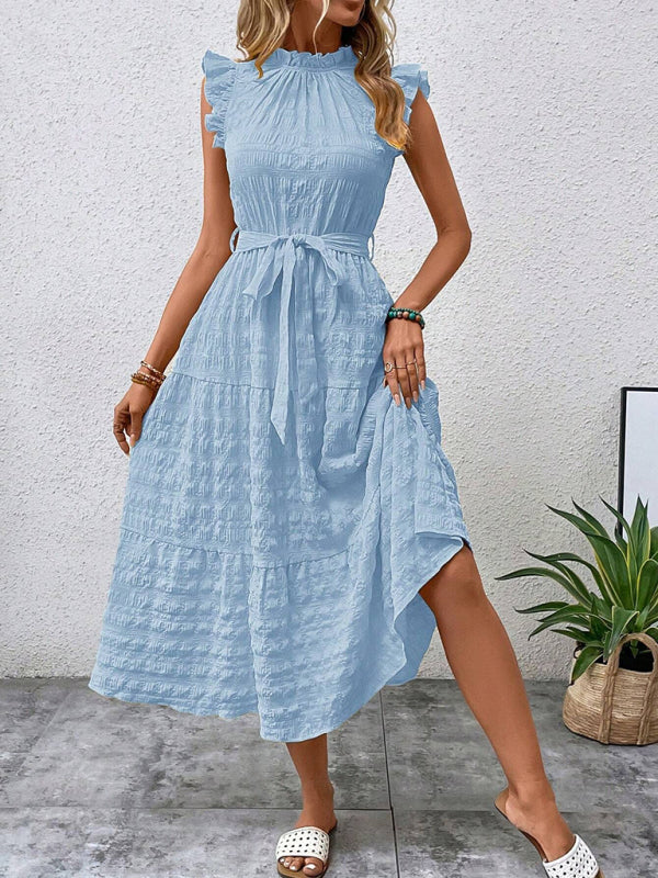 Ruffled Flying Sleeve Lace-up Textured Dress