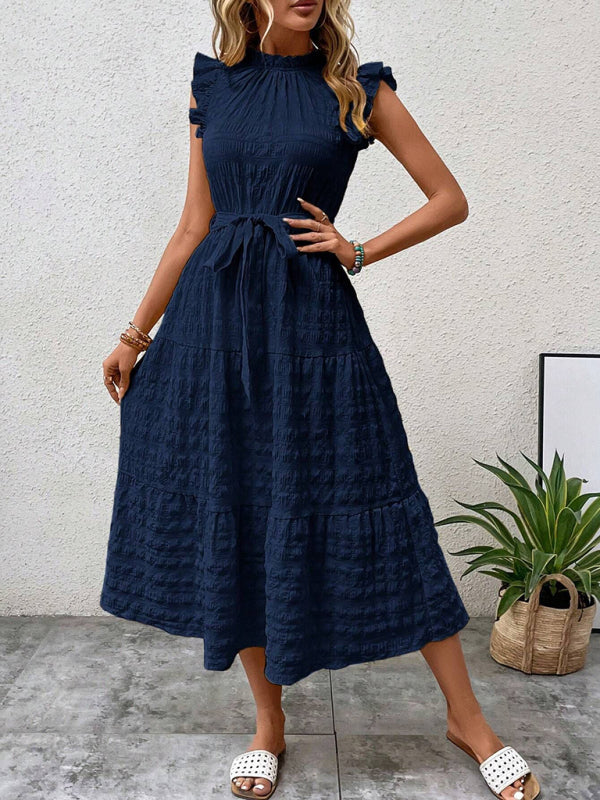 Ruffled Flying Sleeve Lace-up Textured Dress