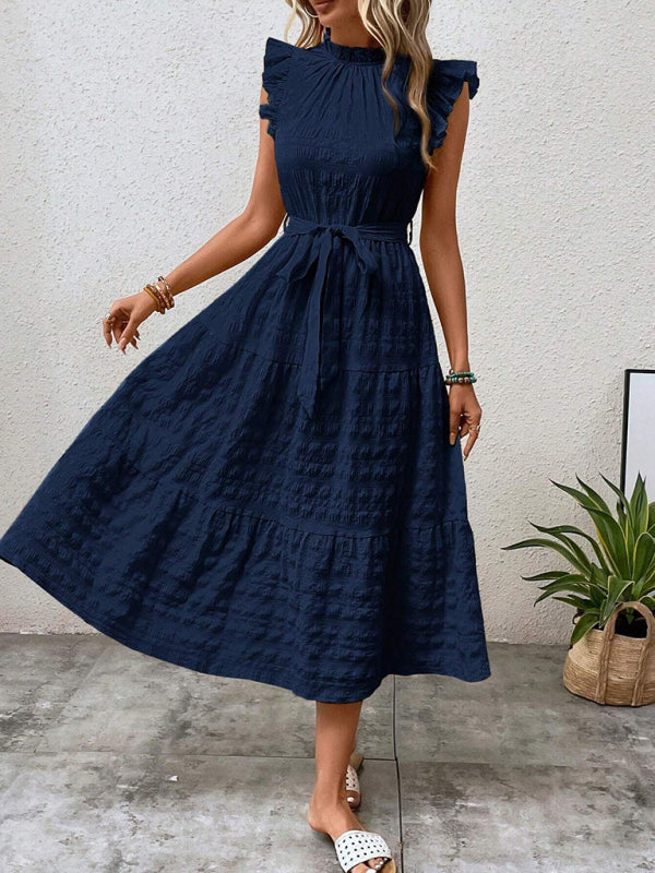 Ruffled Flying Sleeve Lace-up Textured Dress