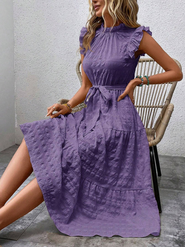 Ruffled Flying Sleeve Lace-up Textured Dress