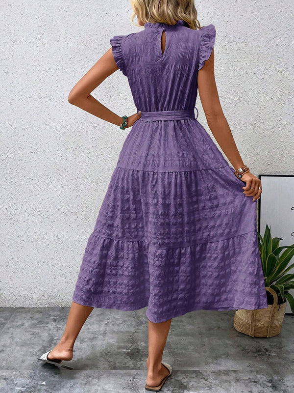 Ruffled Flying Sleeve Lace-up Textured Dress