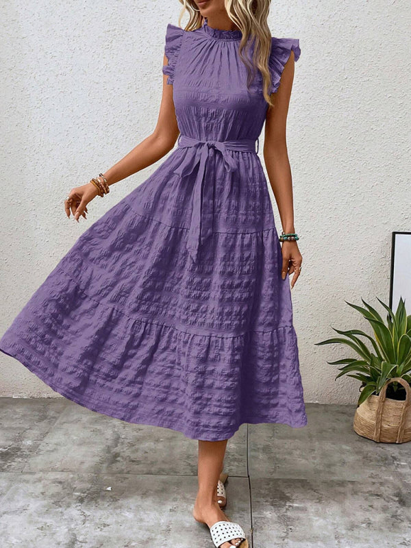 Ruffled Flying Sleeve Lace-up Textured Dress