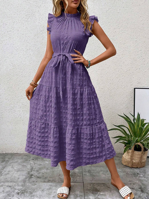 Ruffled Flying Sleeve Lace-up Textured Dress