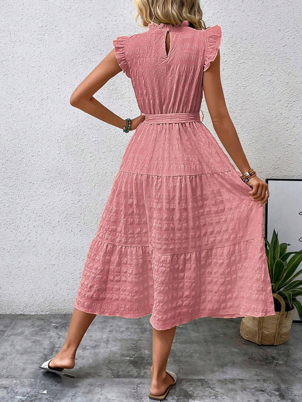 Ruffled Flying Sleeve Lace-up Textured Dress