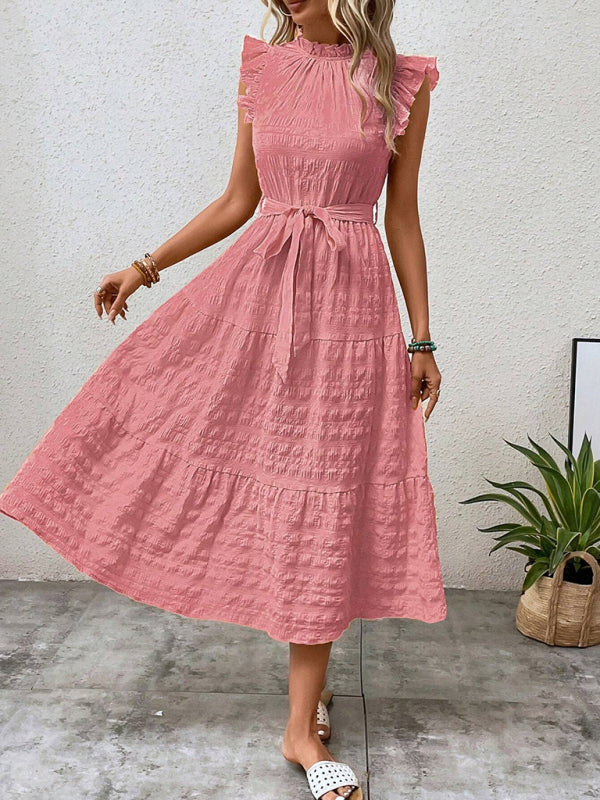 Ruffled Flying Sleeve Lace-up Textured Dress