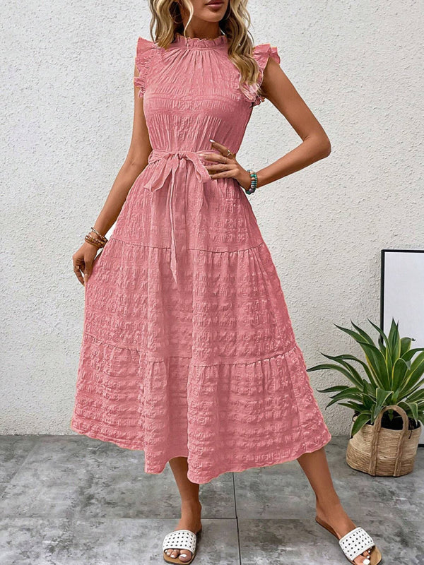 Ruffled Flying Sleeve Lace-up Textured Dress