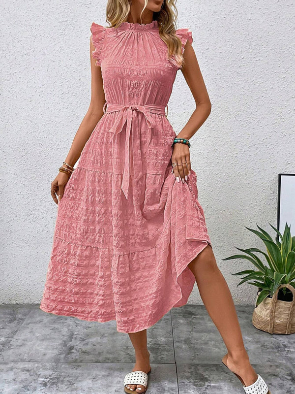 Ruffled Flying Sleeve Lace-up Textured Dress