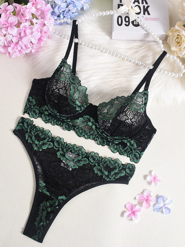 Contrast color lace bra lingerie set