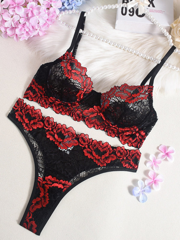 Contrast color lace bra lingerie set