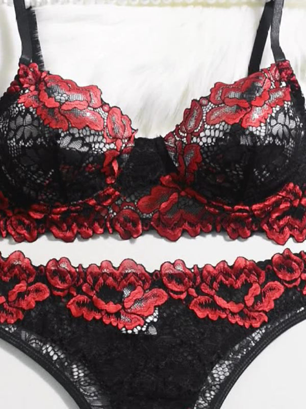 Contrast color lace bra lingerie set