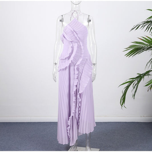 Women's new fashion pink purple pleated elegant sexy backless dress