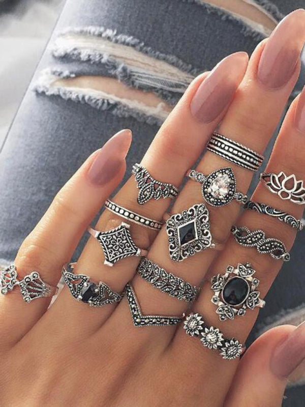 Jewelry 15-piece ring personality hollow lotus sunflower geometric black stone set ring