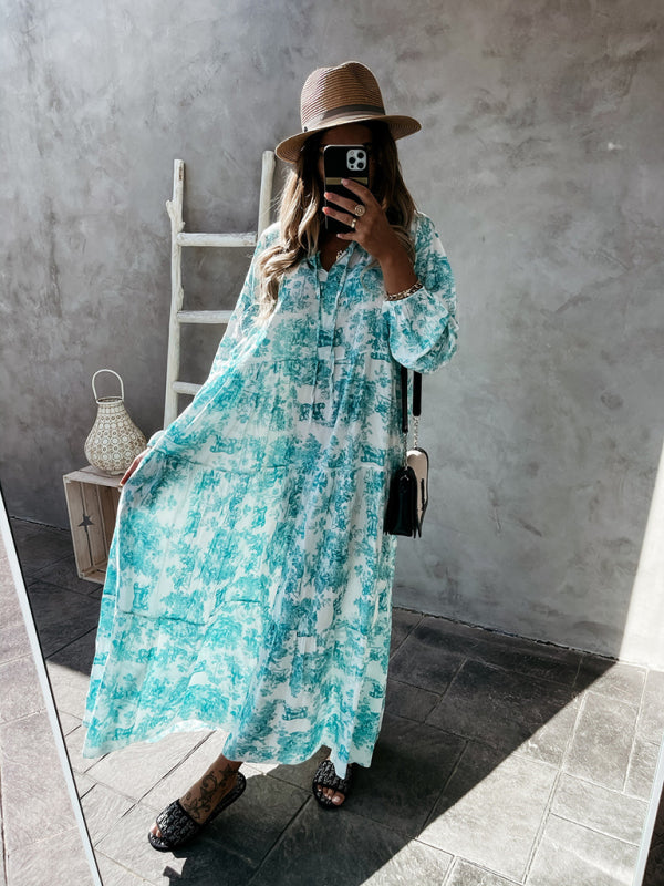 Women's Fashion Print Ruffle Neck Long Sleeve Resort Dress