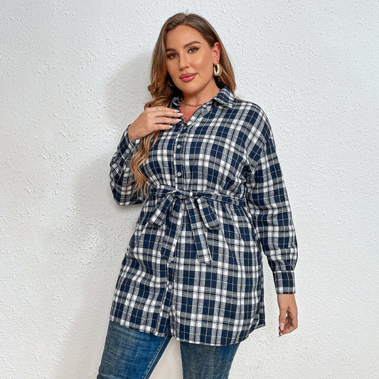 Plus size new plaid tie lapel long-sleeved shirt jacket