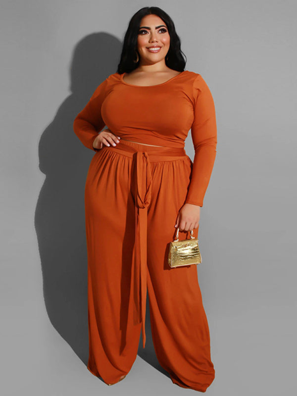 Women's plus size solid color knitted casual two-piece set