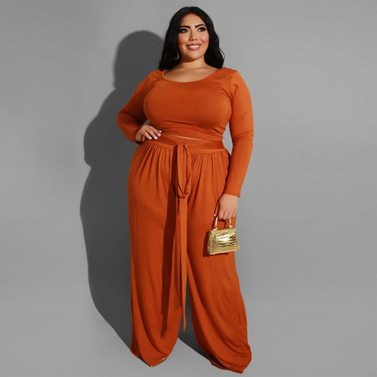 Women's plus size solid color knitted casual two-piece set