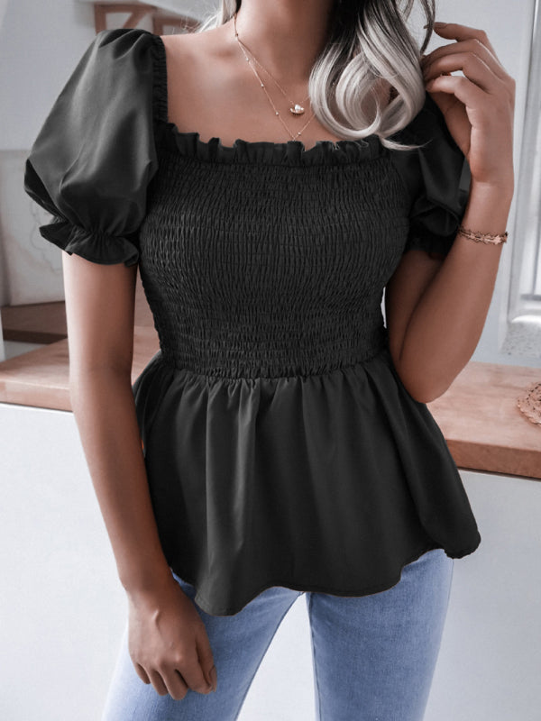 Women's Solid Color Balloon Sleeve Hem Ruffle Chiffon Shirt Top