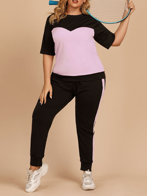 Plus Size Women's Contrasting Color Round Neck Top Elastic Waist Trousers Loose Casual Sports Suit